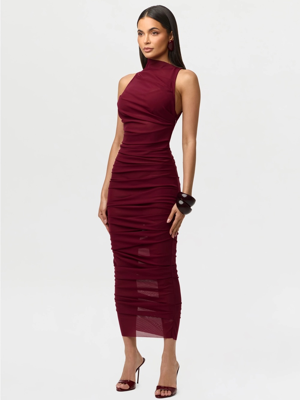naked wardrobe maroon Cherry Sangria Burgundy Midi Ruched Mesh Dress sz medium